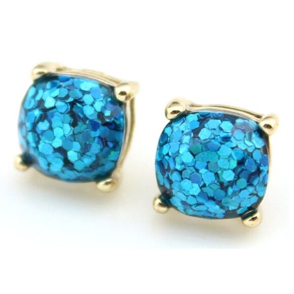 5/$25 Aqua Blue Glitter Gold Tone Earrings - Picture 2 of 6